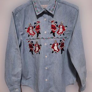 Karen Scott Women's 6P Button Down Blouse Denim Christmas Embroidered 100%Cotton